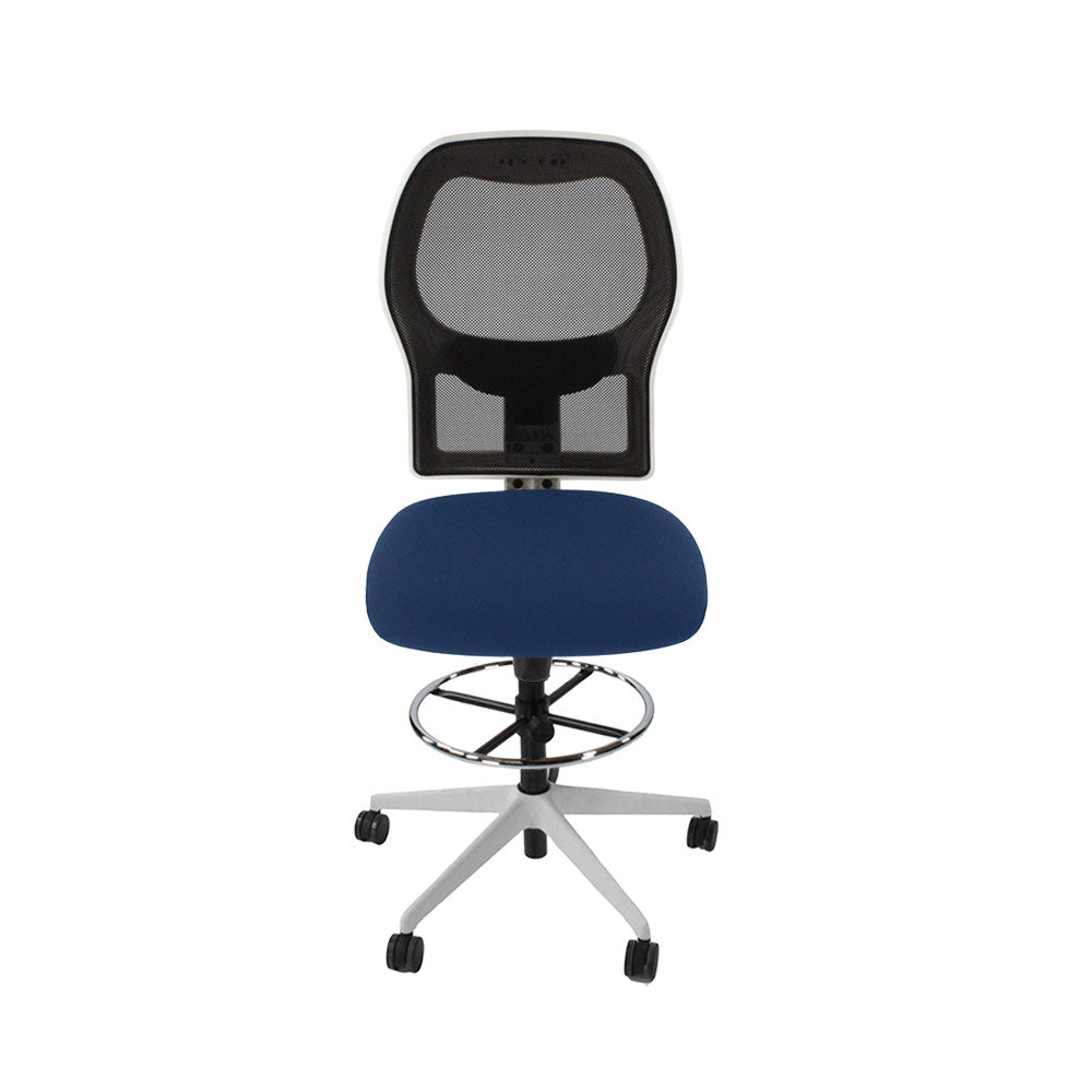 Ahrend: 160 Type Draughtsman Chair Without Arms in Blue Fabric - White Base - Refurbished