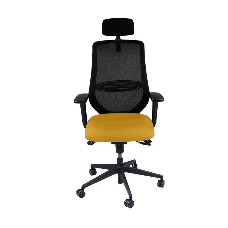 Sajón: <tc>Scudo</tc> Silla de trabajo con asiento de tela amarilla y reposacabezas - Reacondicionada