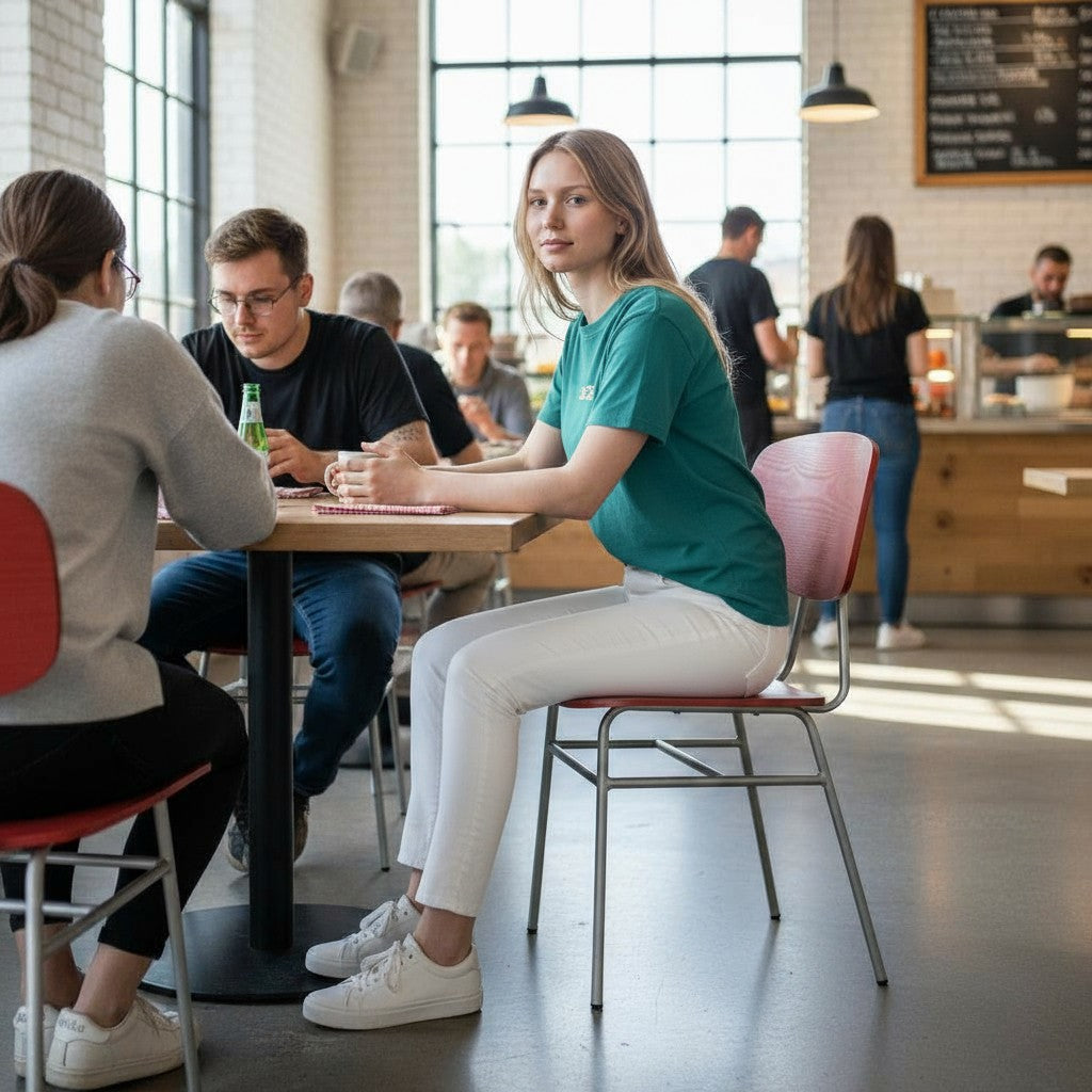 New Design Group: Silla de cantina Florence de madera natural roja - Reacondicionada
